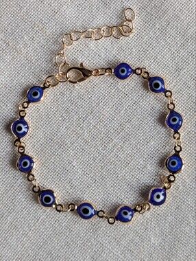 Gold Toned Blue Evil Eye Bracelet Adjustable Women's Jewelry